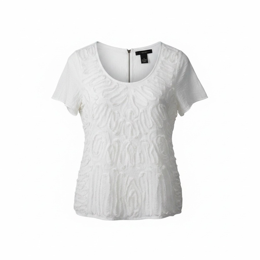 Calvin Klein Jeans Womens Large White Burnout Fringe Textured Blouse Zip Back To